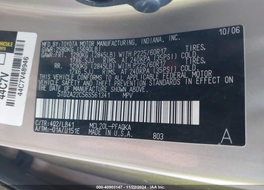 2006 TOYOTA SIENNA XLE VIN: 5TDZA22C56S561341
