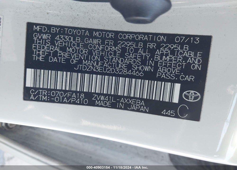 2013 TOYOTA PRIUS V TWO VIN: JTDZN3EU2D3284466