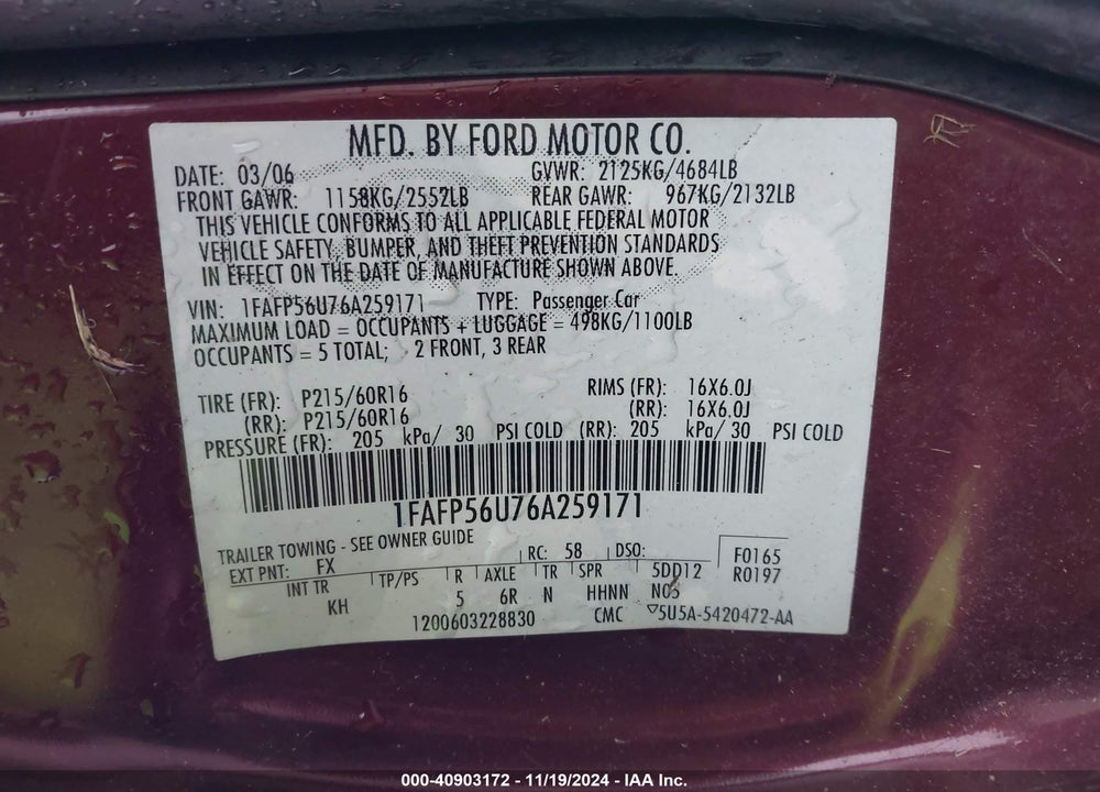 2006 FORD TAURUS SEL VIN: 1FAFP56U76A259171
