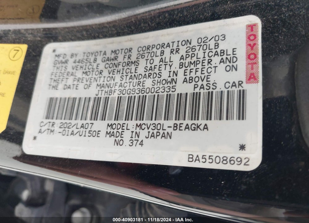2003 LEXUS ES 300 VIN: JTHBF30G936002335
