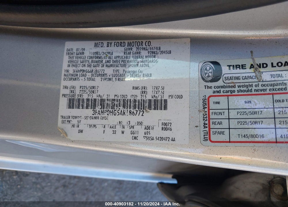 2010 FORD FUSION SE VIN: 3FAHP0HG5AR186772