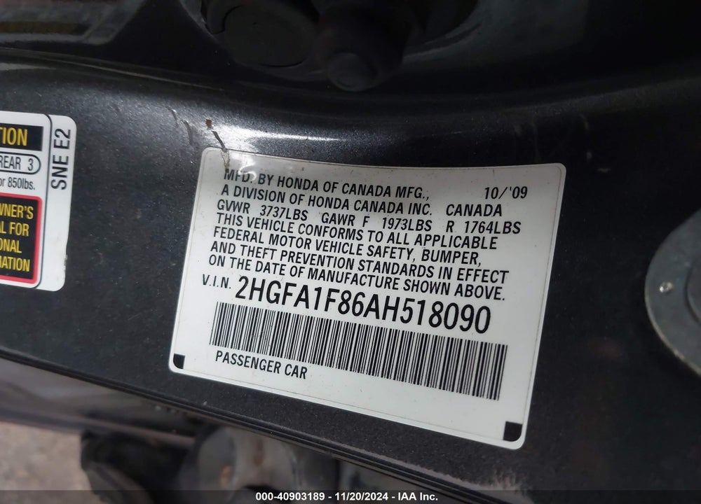 2010 HONDA CIVIC EX VIN: 2HGFA1F86AH518090