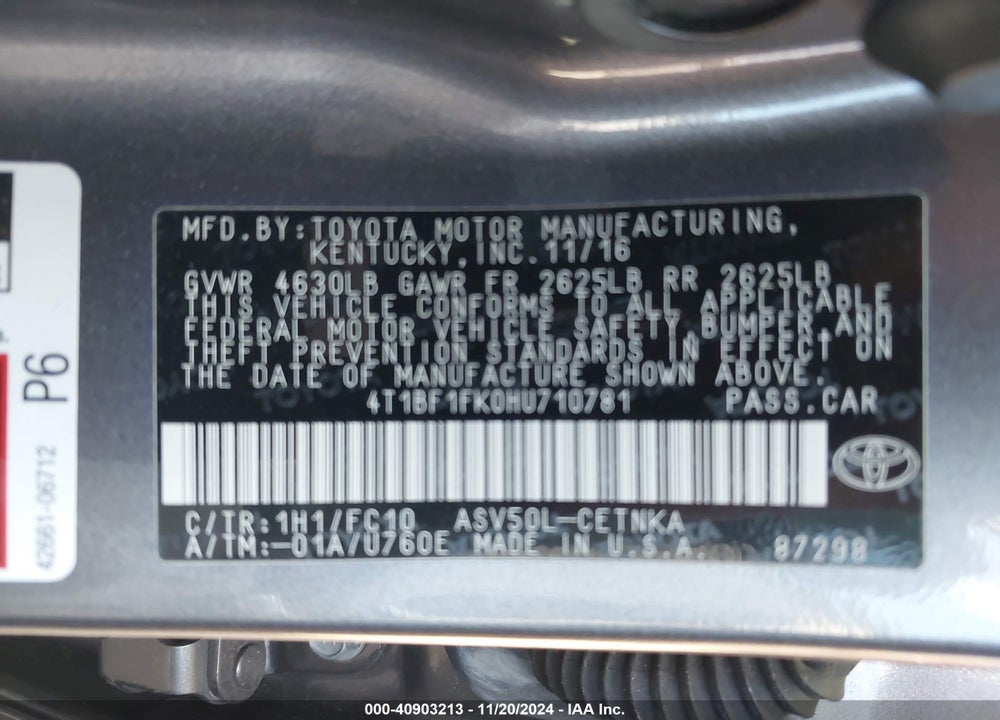 2017 TOYOTA CAMRY VIN: 4T1BF1FK0HU710781