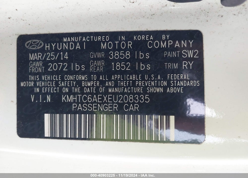 2014 HYUNDAI VELOSTER TURBO W/BLUE VIN: KMHTC6AEXEU208335