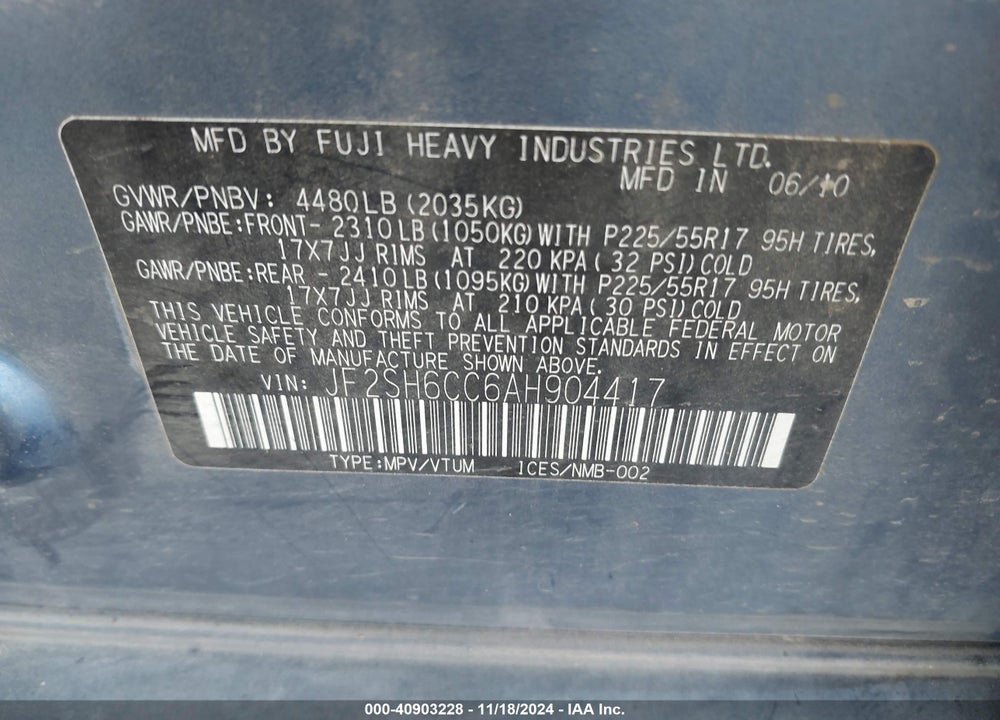 2010 SUBARU FORESTER 2.5X PREMIUM VIN: JF2SH6CC6AH904417