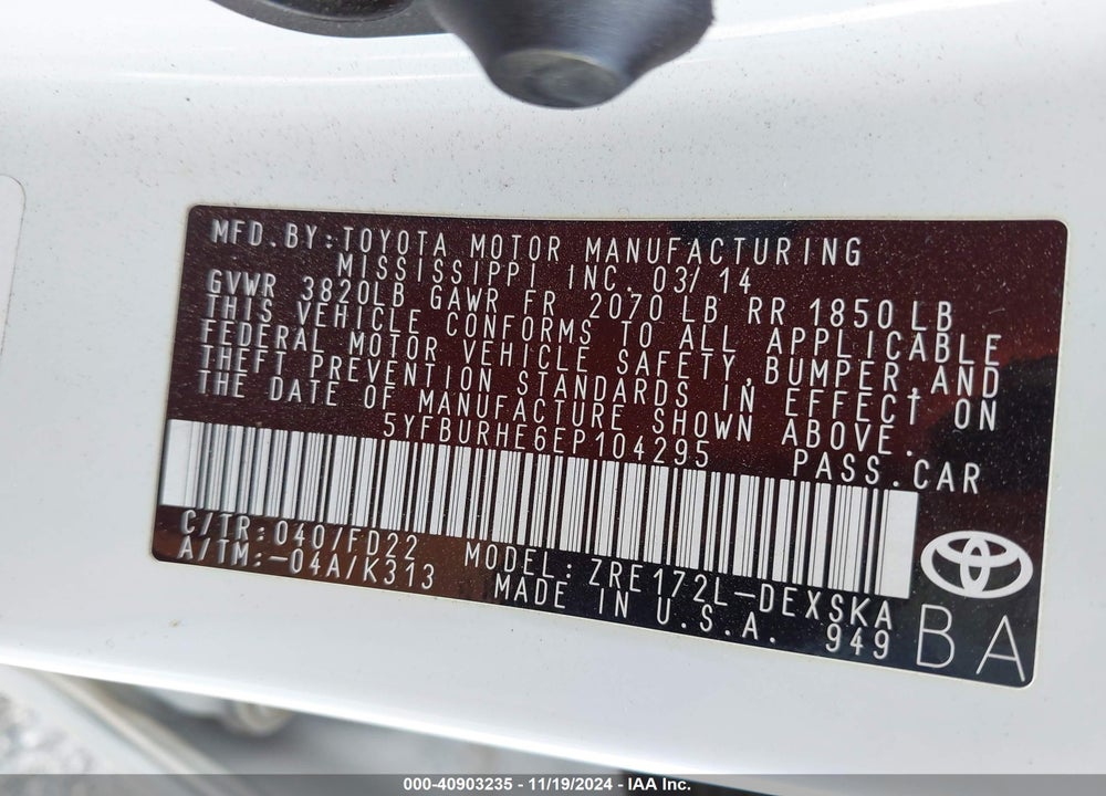 2014 TOYOTA COROLLA S VIN: 5YFBURHE6EP104295