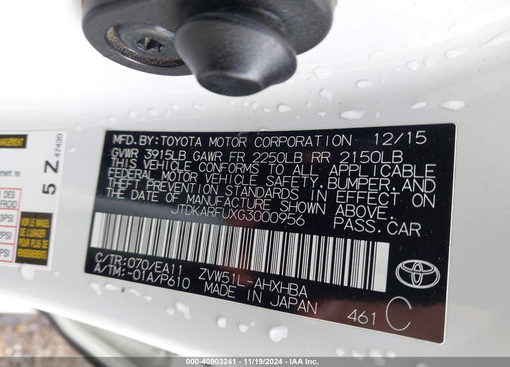 2016 TOYOTA PRIUS THREE TOURING VIN: JTDKARFUXG3000956