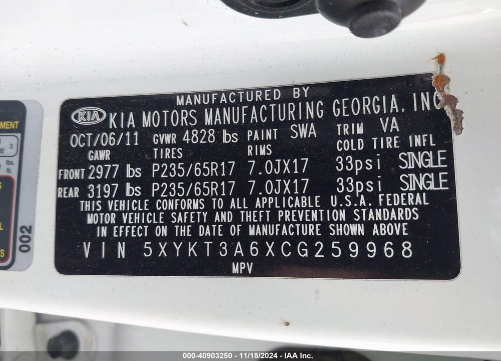 2012 KIA SORENTO LX VIN: 5XYKT3A6XCG259968