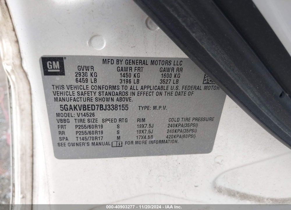 2011 BUICK ENCLAVE 1XL VIN: 5GAKVBED7BJ338155