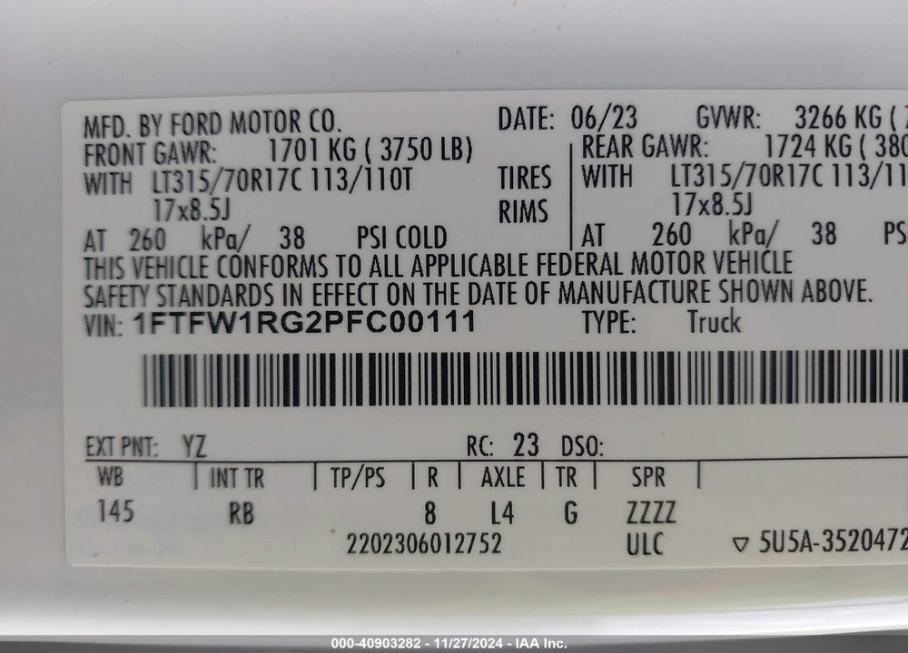 2023 FORD F-150 VIN: 1FTFW1RG2PFC00111
