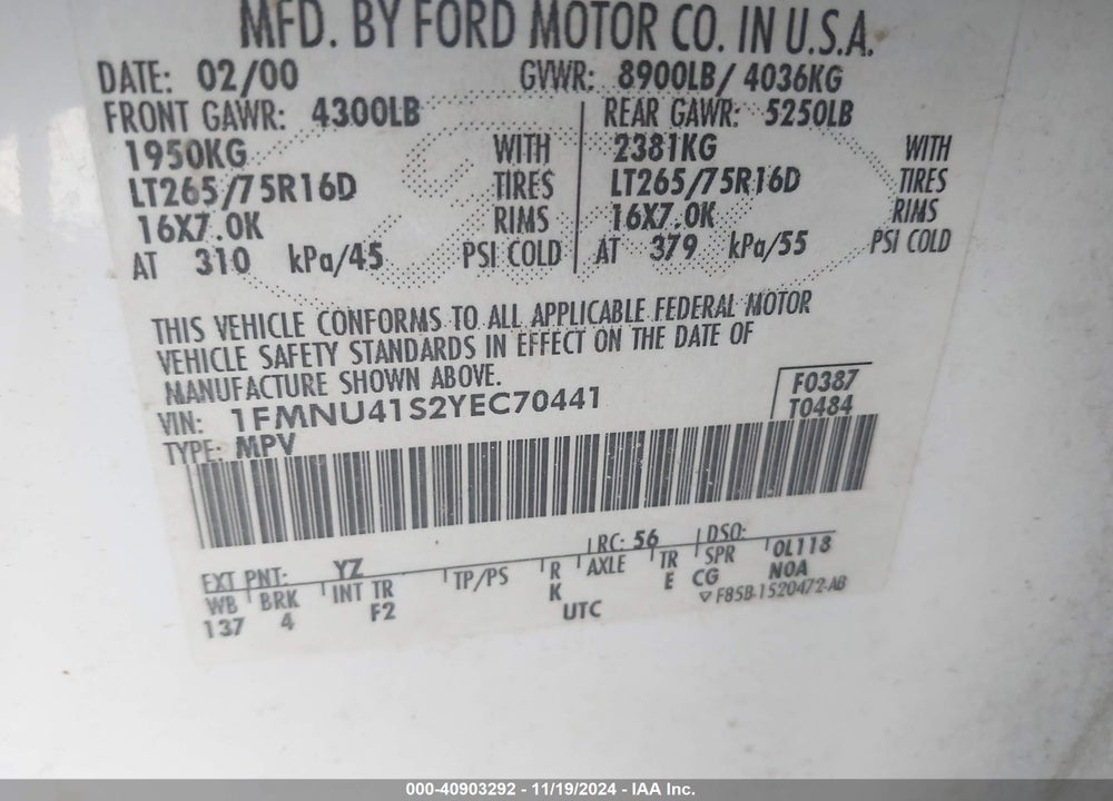 2000 FORD EXCURSION XLT VIN: 1FMNU41S2YEC70441