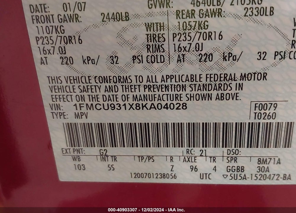 2008 FORD ESCAPE XLT VIN: 1FMCU931X8KA04028