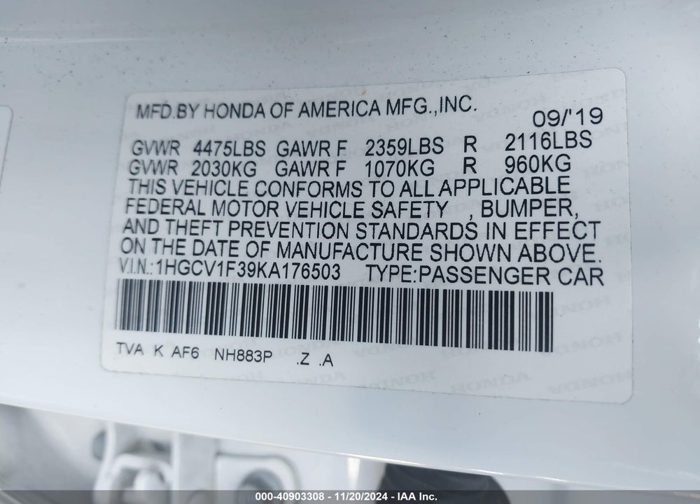 2019 HONDA ACCORD VIN: 1HGCV1F39KA176503