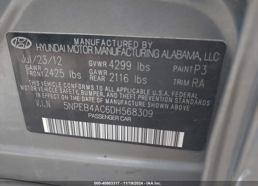 2013 HYUNDAI SONATA VIN: 5NPEB4AC6DH568309