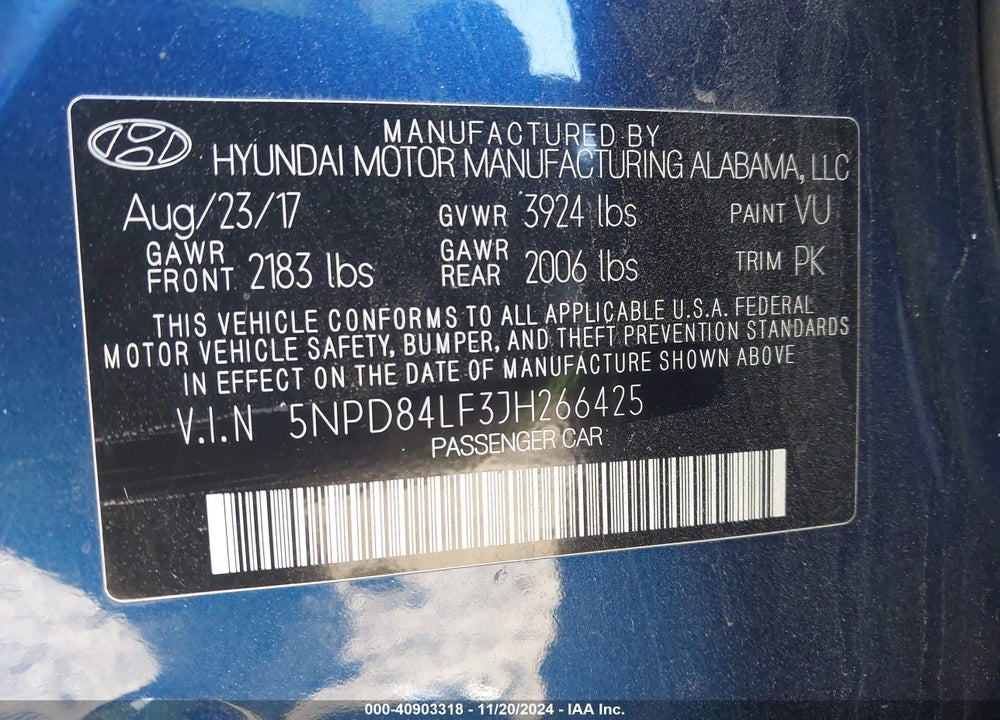 2018 HYUNDAI ELANTRA SEL VIN: 5NPD84LF3JH266425