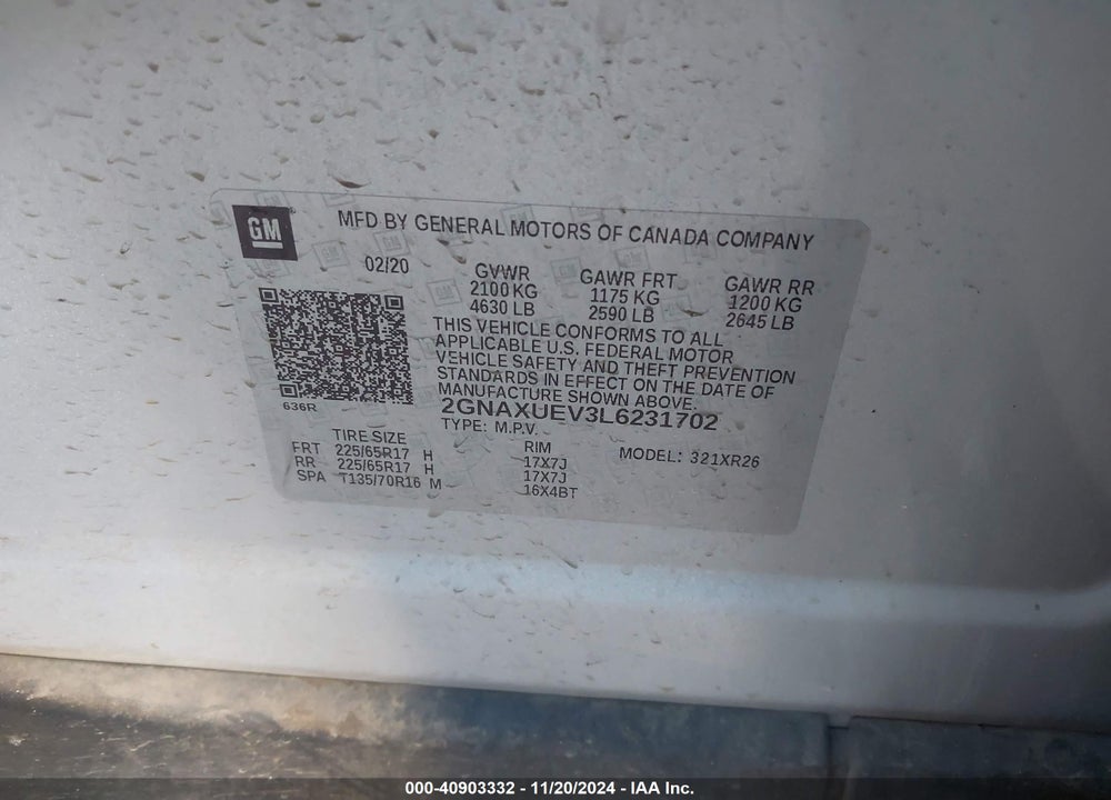 2020 CHEVROLET EQUINOX AWD LT 1.5L TURBO VIN: 2GNAXUEV3L6231702