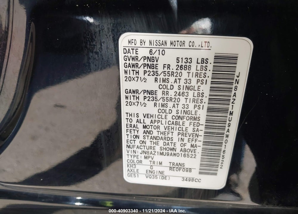 2010 NISSAN MURANO LE VIN: JN8AZ1MU9AW016522
