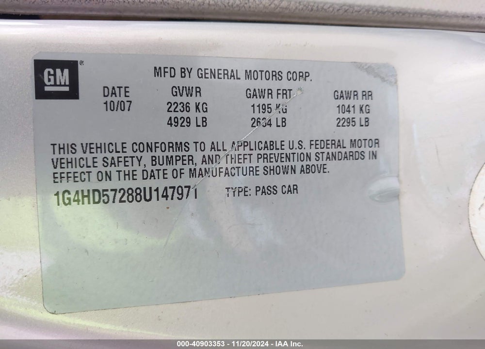 2008 BUICK LUCERNE CXL VIN: 1G4HD57288U147971