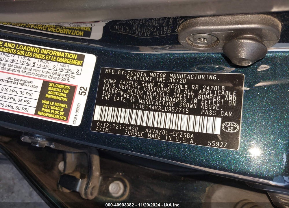 2020 TOYOTA CAMRY SE VIN: 4T1G11AK8LU957745