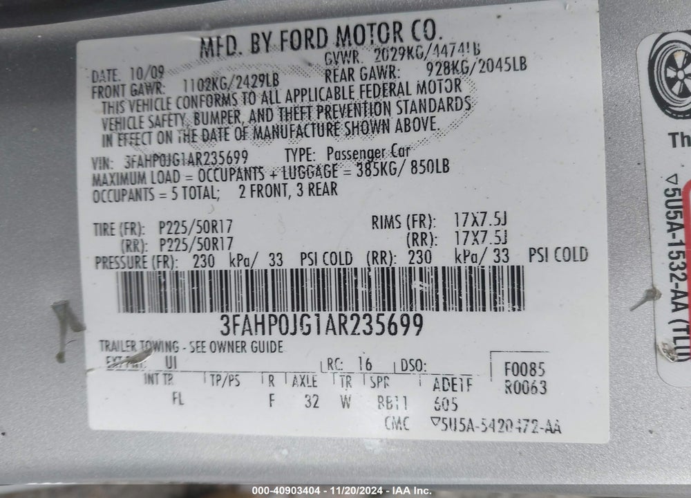 2010 FORD FUSION SEL VIN: 3FAHP0JG1AR235699