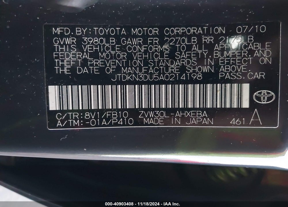 2010 TOYOTA PRIUS II VIN: JTDKN3DU5A0214198
