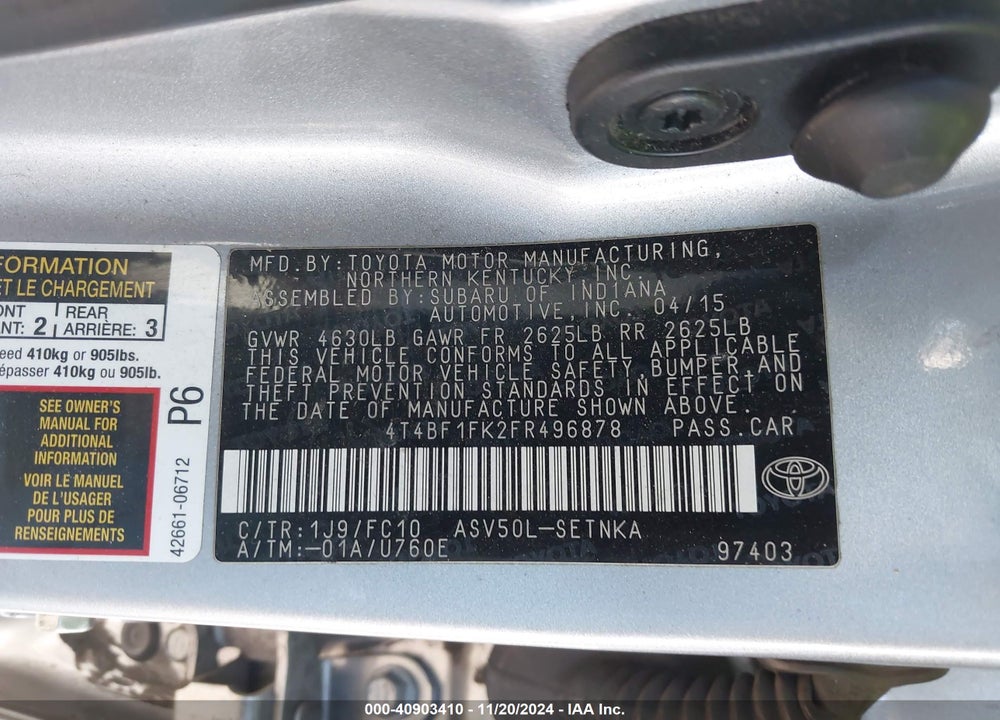 2015 TOYOTA CAMRY LE VIN: 4T4BF1FK2FR496878