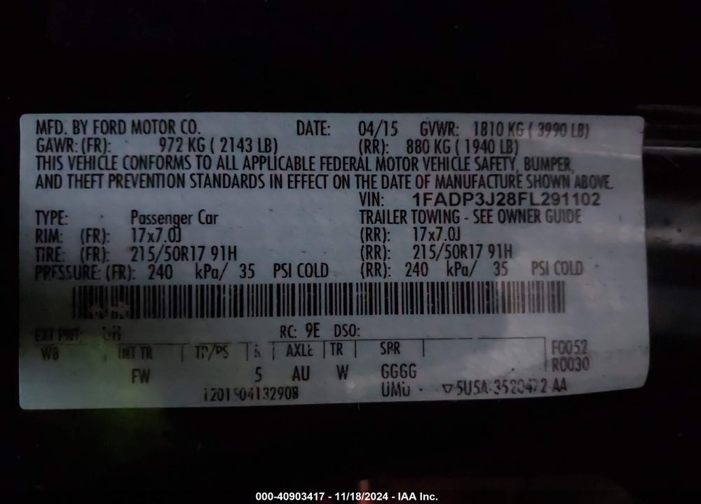 2015 FORD FOCUS VIN: 1FADP3J28FL291102