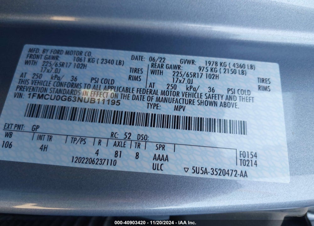 2022 FORD ESCAPE SE VIN: 1FMCU0G63NUB11195