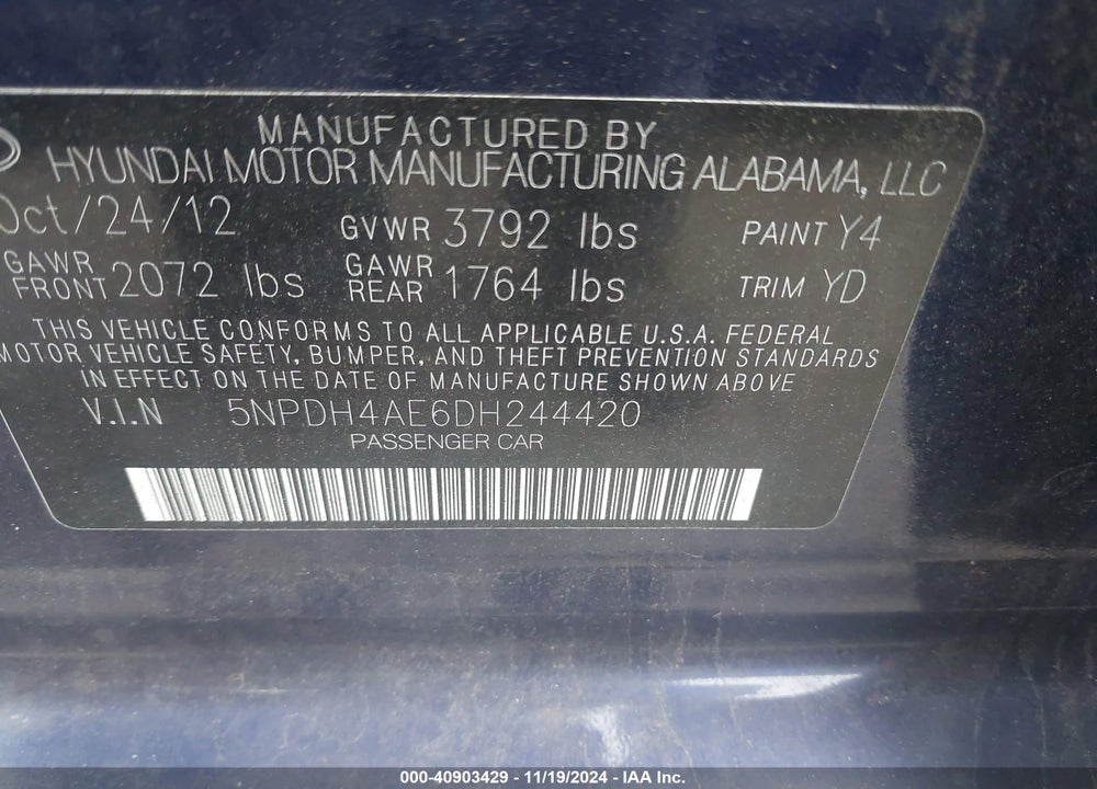 2013 HYUNDAI ELANTRA VIN: 5NPDH4AE6DH244420
