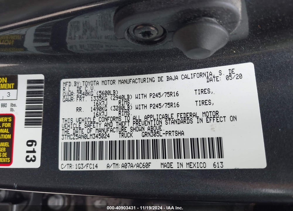 2020 TOYOTA TACOMA SR5 V6 VIN: 3TMCZ5AN0LM345024