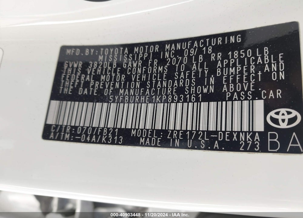 2019 TOYOTA COROLLA LE VIN: 5YFBURHE1KP893161