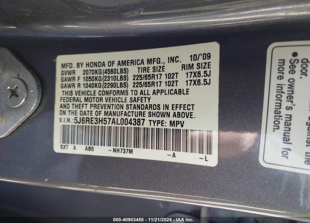 2010 HONDA CR-V EX VIN: 5J6RE3H57AL004387