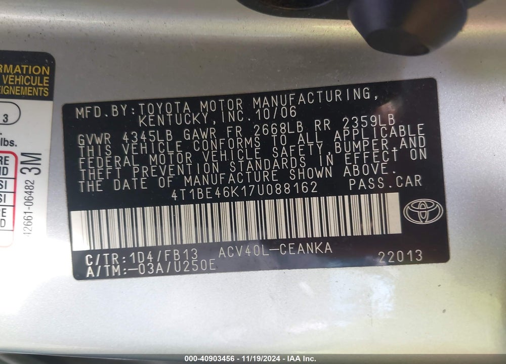 2007 TOYOTA CAMRY LE VIN: 4T1BE46K17U088162