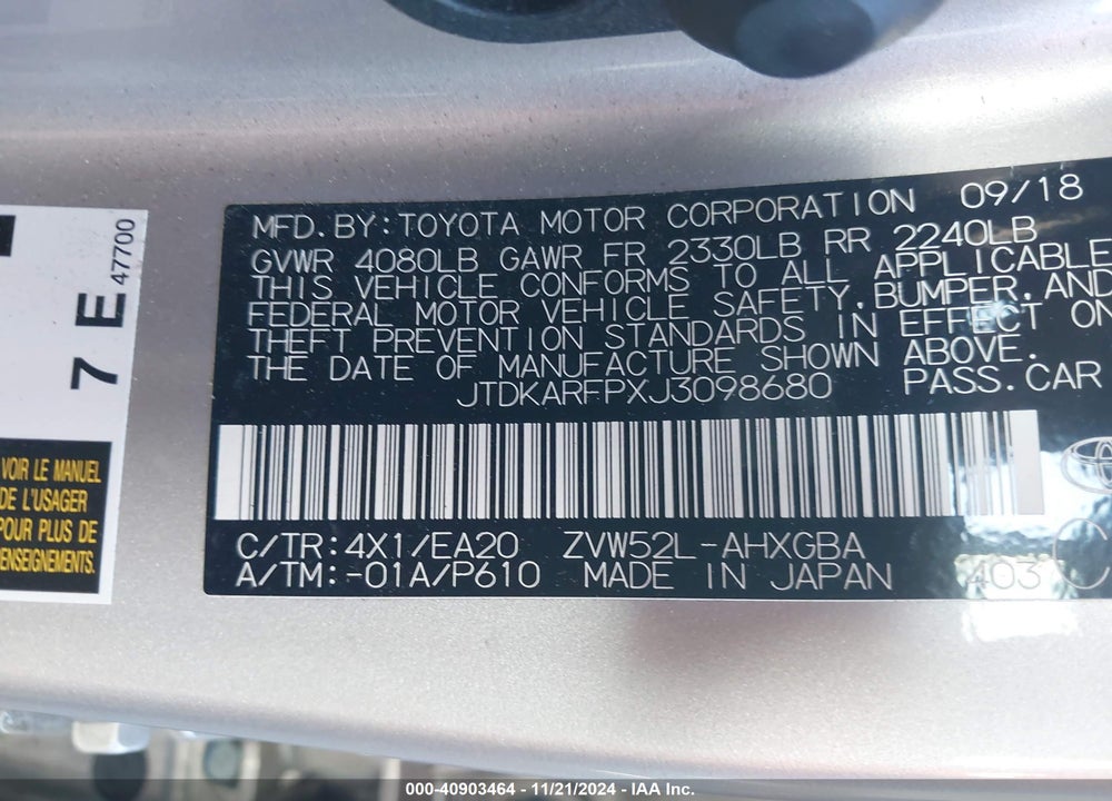 2018 TOYOTA PRIUS PRIME VIN: JTDKARFPXJ3098680