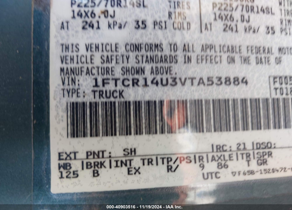 1997 FORD RANGER SPLASH/XL/XLT VIN: 1FTCR14U3VTA53884