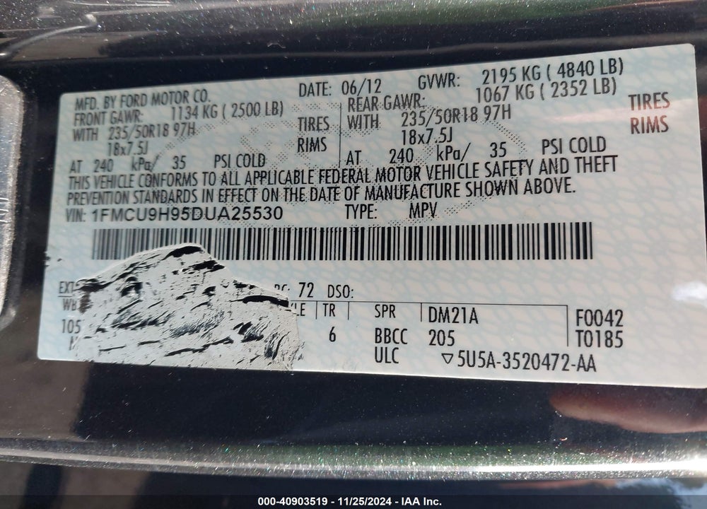 2013 FORD ESCAPE SEL VIN: 1FMCU9H95DUA25530