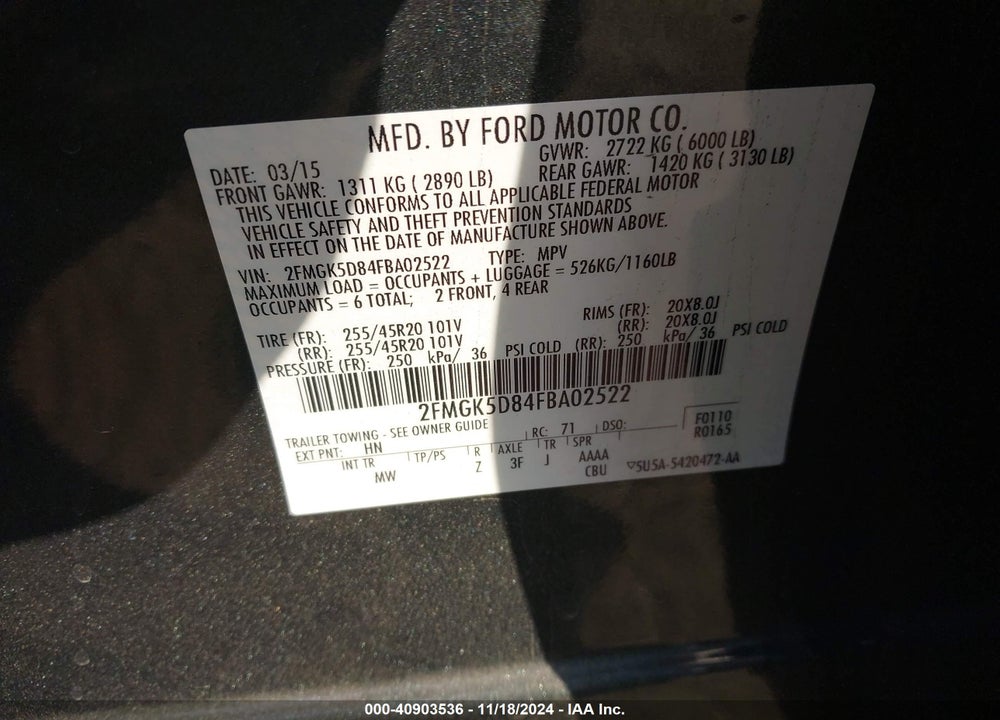 2015 FORD FLEX LIMITED VIN: 2FMGK5D84FBA02522