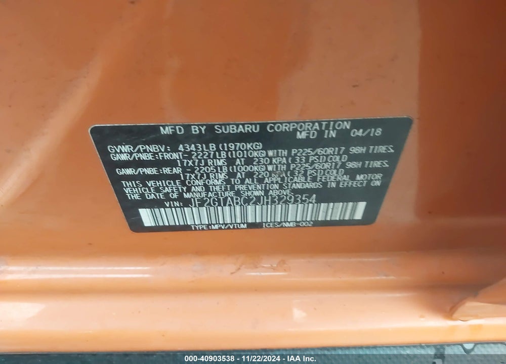 2018 SUBARU CROSSTREK 2.0I PREMIUM VIN: JF2GTABC2JH329354