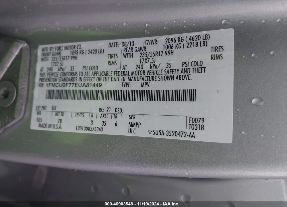 2014 FORD ESCAPE S VIN: 1FMCU0F77EUA81449