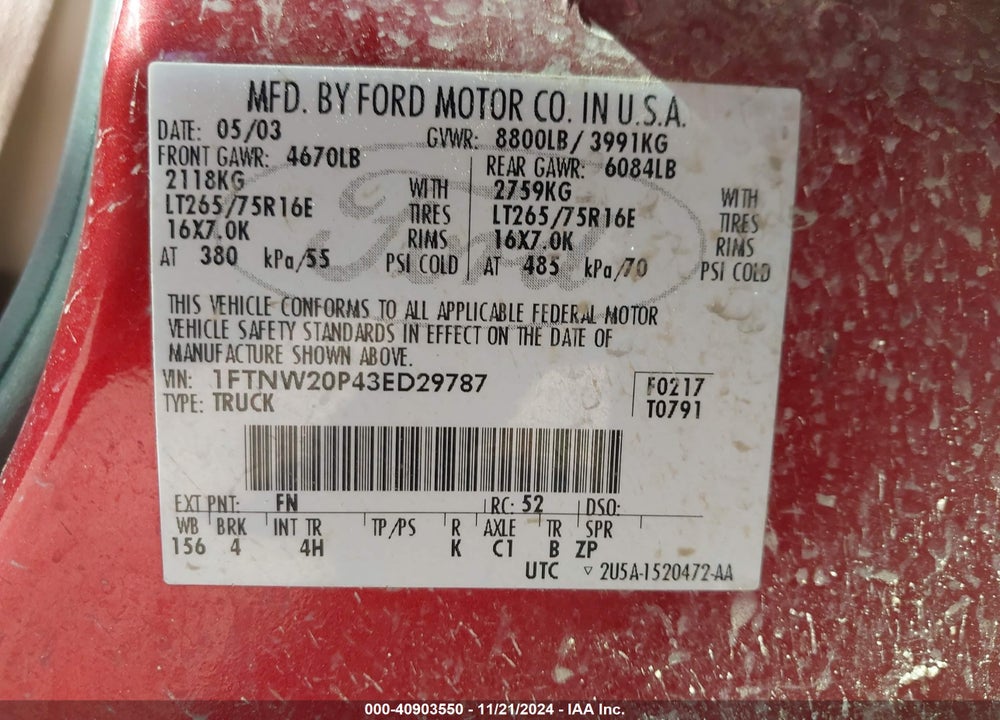 2003 FORD F-250 LARIAT/XL/XLT VIN: 1FTNW20P43ED29787