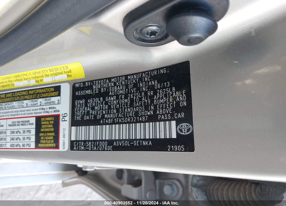 2013 TOYOTA CAMRY LE VIN: 4T4BF1FK5DR321487