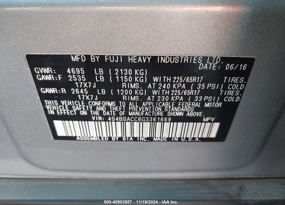 2016 SUBARU OUTBACK 2.5I PREMIUM VIN: 4S4BSACC6G3361669