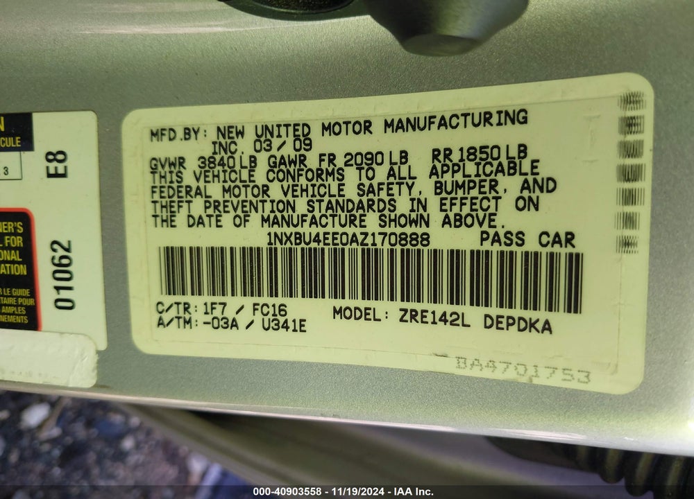 2010 TOYOTA COROLLA LE VIN: 1NXBU4EE0AZ170888