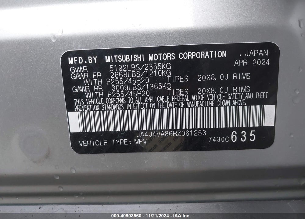 2024 MITSUBISHI OUTLANDER SE 2.5 /SE BLACK EDITION /SE BLACK EDITION W/PANO ROOF /SE RALLIART VIN: JA4J4VA86RZ061253