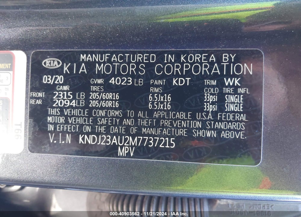 2021 KIA SOUL !/+/S VIN: KNDJ23AU2M7737215