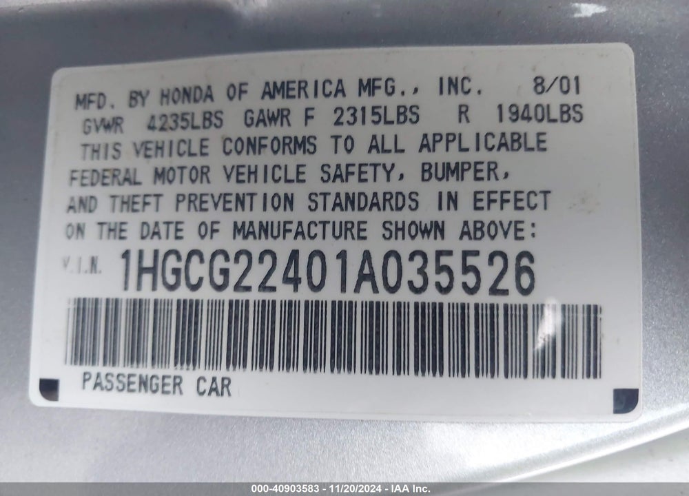 2001 HONDA ACCORD 3.0 LX VIN: 1HGCG22401A035526