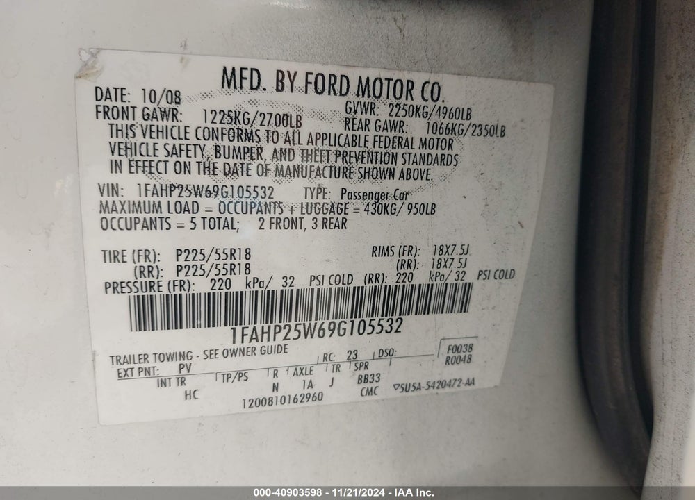 2009 FORD TAURUS LIMITED VIN: 1FAHP25W69G105532