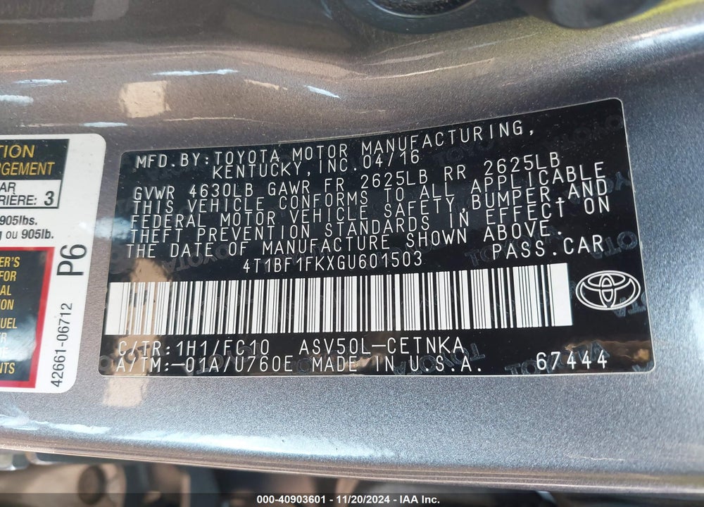2016 TOYOTA CAMRY LE VIN: 4T1BF1FKXGU601503