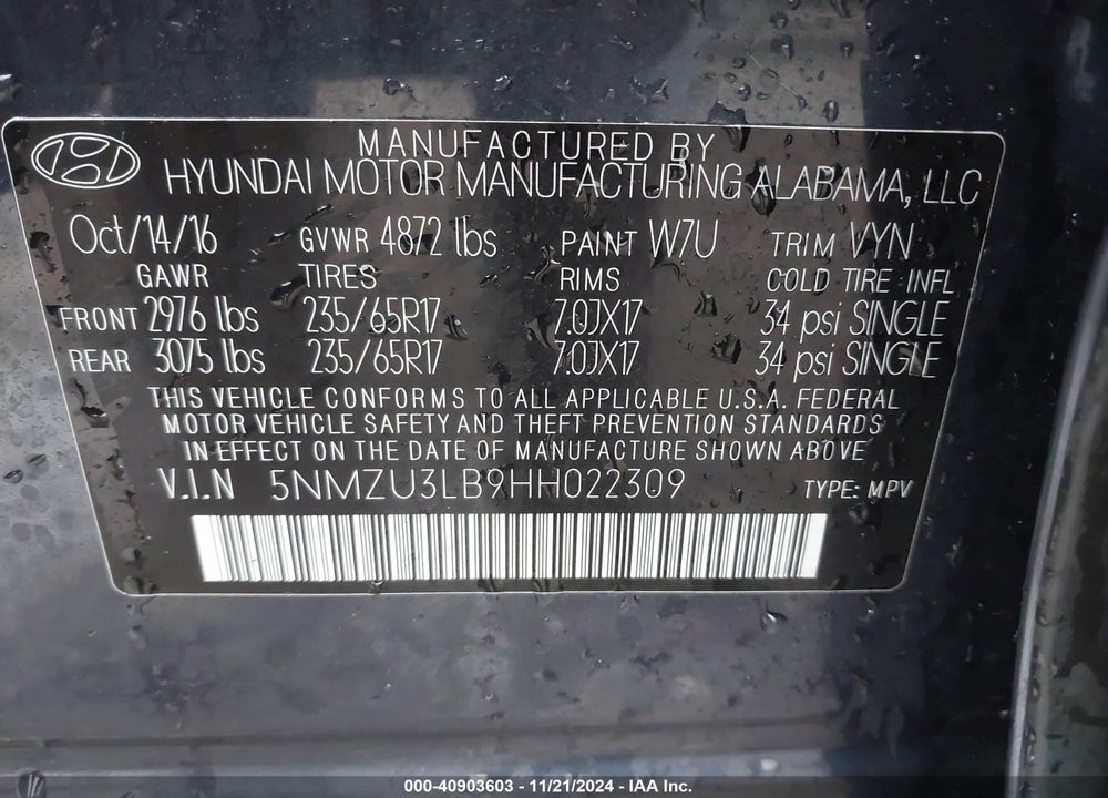 2017 HYUNDAI SANTA FE SPORT 2.4L VIN: 5NMZU3LB9HH022309
