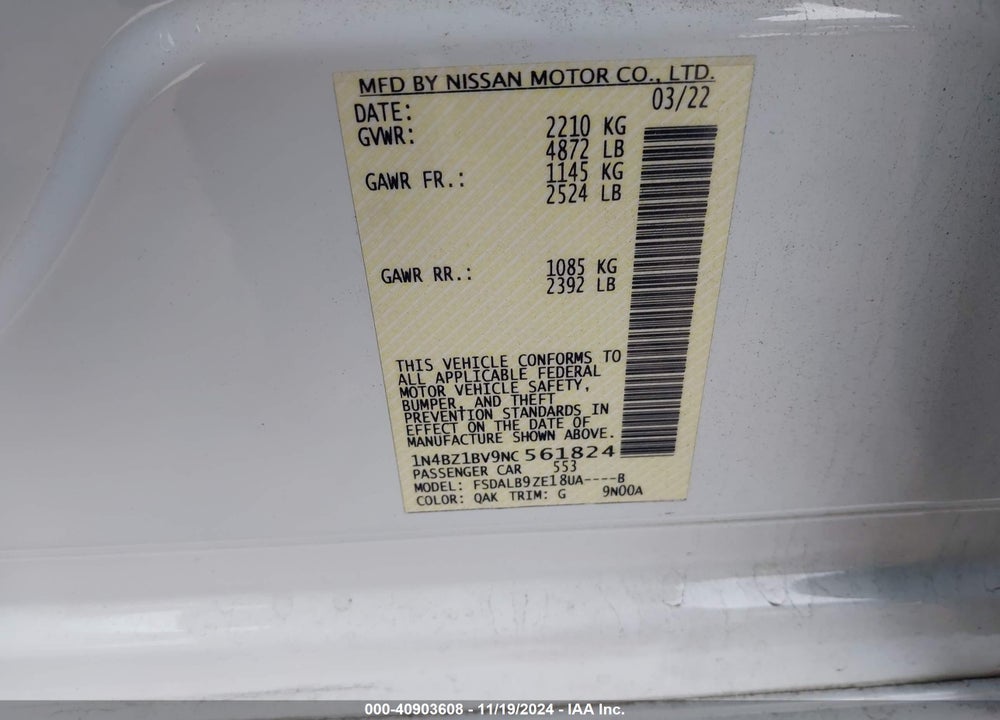 2022 NISSAN LEAF S PLUS 62 KWH VIN: 1N4BZ1BV9NC561824